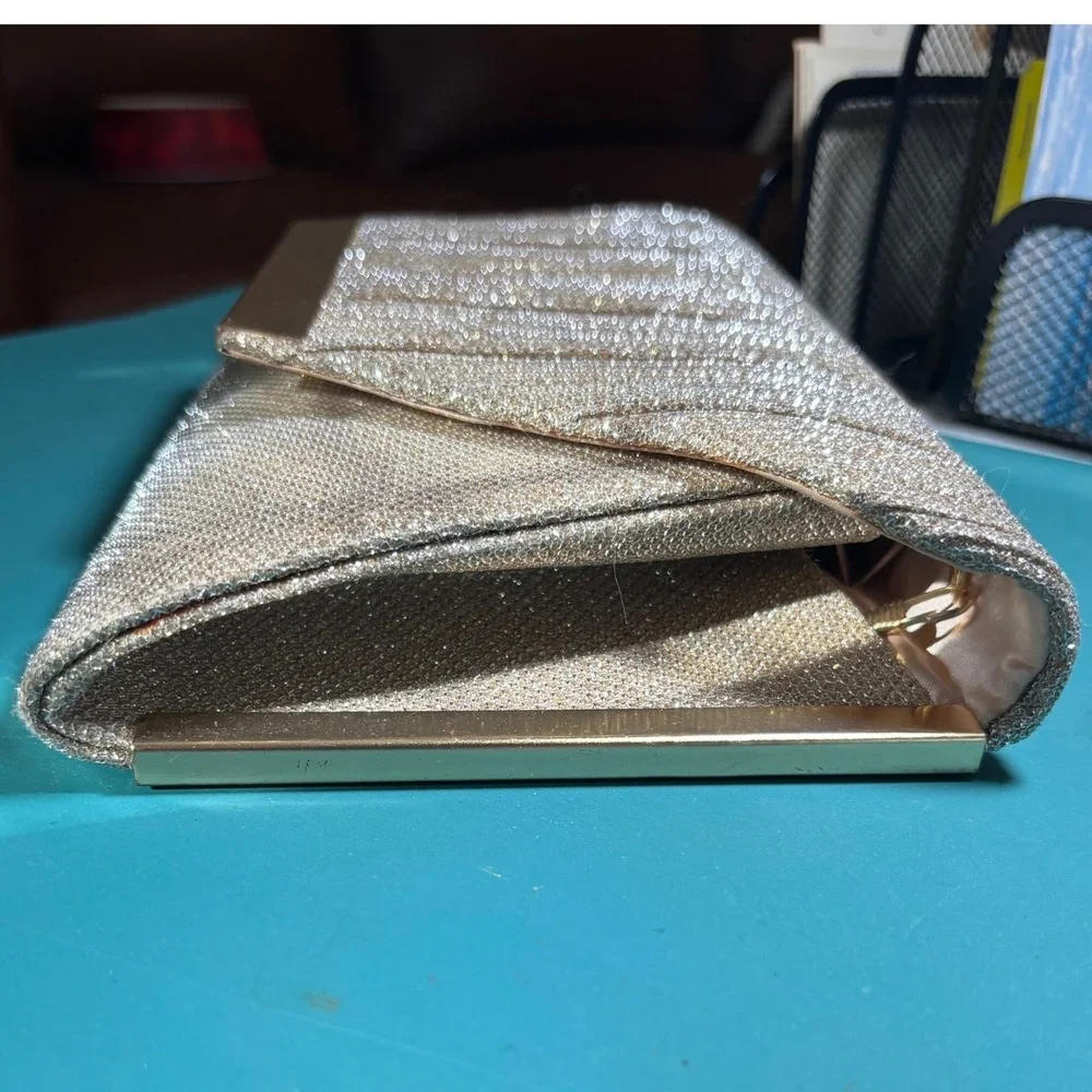 Envelope Clutch Womens Small Champagne‎ Gold Glitter Pleated Evening Bag READ